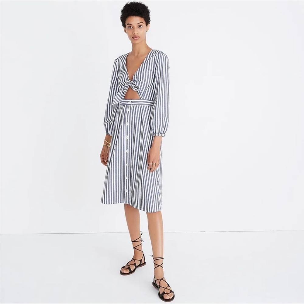 Madewell Stipe Shimmer Cut Out Midi Dress Tie Front Size 10